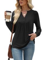 Top LOMON 2024 feminino de manga comprida com decote em V plissado preto Top LOMON 2024 feminino de manga comprida com decote em V plissado preto