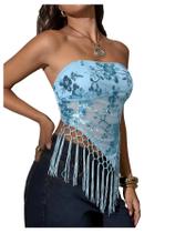 Top MakeMechic Sequin Tube Top Fringe Y2K Tassel Mesh Blue Top MakeMechic Sequin Tube Top Fringe Y2K Tassel Mesh Blue