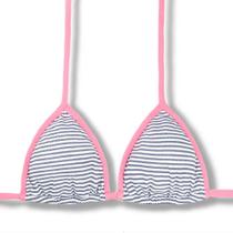 Top Mara Denim Cortininha com Viés Bojo Removível Amarração nas Costas e Pescoço Biquíni Listrado Detalhes Rosa Iogurte