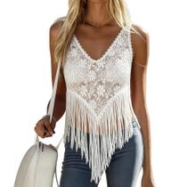Top Melliflo, decote em V, franja, renda, malha sem mangas para mulheres Top Melliflo, decote em V, franja, renda, malha sem mangas para mulheres