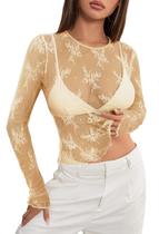 Top MEROKEETY de malha transparente de manga comprida para mulheres com damasco