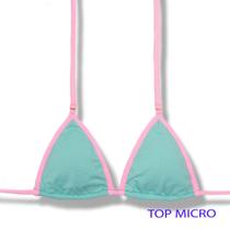 Top Mila Bicolor Verde Mint Micro Cortininha com Viés Sem Bojo Amarração nas Costas e Pescoço Biquíni Liso Detalhes Rosa Iogurte