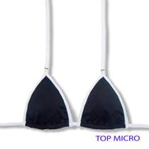 Top Mila Bicolor White and Black Micro Cortininha com Viés Sem Bojo Amarração nas Costas e Pescoço Biquíni Liso Preto Detalhes Branco