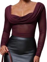 Top Milumia feminino drapeado de malha transparente com gola alta cor de vinho Top Milumia feminino drapeado de malha transparente com gola alta cor de vinho