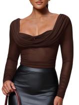 Top Milumia feminino drapeado de malha transparente com gola alta, marrom café Top Milumia feminino drapeado de malha transparente com gola alta, marrom café