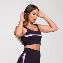 Top Moving Preto Poliamida com Estampa Lilás e Tule nas Cost