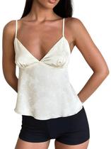 Top QLQLWDD de cetim jacquard floral com decote em V e alça espaguete