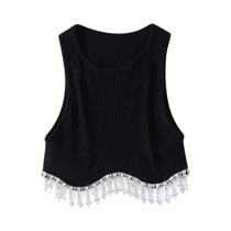 Top Regata Slim Fit Com Franjas De Diamantes E Detalhes Em Pedraria, Estilo High Street Chic
