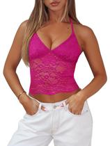 Top REORIA Halter Lace sem mangas sexy Crop Tank Rose S