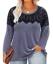 Top RITERA Plus Size de manga comprida de renda azul escura para mulheres
