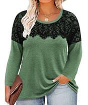 Top RITERA Plus Size para mulheres, manga comprida, renda verde, 5GG