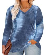 Top RITERA Plus Size Tie Dye com decote em V, túnica feminina de manga comprida