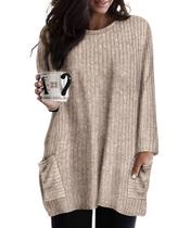 Top RITERA Plus Size Túnica canelada de manga comprida cáqui XL Top RITERA Plus Size Túnica canelada de manga comprida cáqui XL