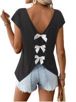 Top RoseSeek feminino com decote em V, laço, manga curta, cinza escuro Top RoseSeek feminino com decote em V, laço, manga curta, cinza escuro