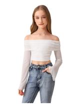 Top RoseSeek Girl's Off The Shoulder Mesh, manga comprida, branca