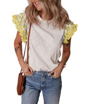 Top SELINK feminino com babado de verão e manga curta com acabamento floral Top SELINK feminino com babado de verão e manga curta com acabamento floral