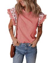 Top SELINK feminino com babado de verão e manga curta com acabamento floral Top SELINK feminino com babado de verão e manga curta com acabamento floral