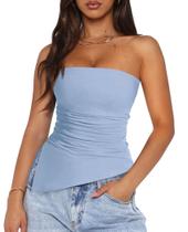 Top sem alça PRETTYGARDEN Feminino 2025 Verão Azul Claro Franzido Top sem alça PRETTYGARDEN Feminino 2025 Verão Azul Claro Franzido