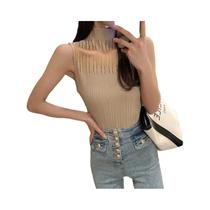 Top Sem Mangas De Verão Feminino Em Malha Fina, Corset De Gola Alta, Confortável E Respirável, Top Sem Mangas De Verão Feminino Em Malha Fina, Corset De Gola Alta, Confortável E Respirável,