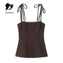 Top Sem Mangas Para Mulheres Com Laço, Estilo Vintage Casual Chic, Cor Sólida E Tecido Elástico Top Sem Mangas Para Mulheres Com Laço, Estilo Vintage Casual Chic, Cor Sólida E Tecido Elástico