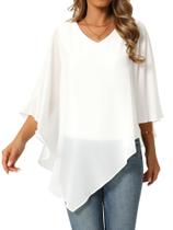 Top Seta T, chiffon esvoaçante, decote em V, branco assimétrico