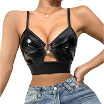 Top Sutiã Cropped Couro PU Lingerie Blusa Curta Sexy S/ Bojo