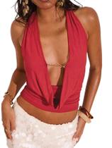 Top SweatyRocks Y2k Sexy Halter Deep V Deep, sem encosto, vermelho
