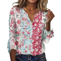 Top TBILILO Boho Spring para mulheres, manga 3/4, decote em V, floral Top TBILILO Boho Spring para mulheres, manga 3/4, decote em V, floral