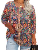 Top TFSDOD Plus Size para mulheres com estampa floral de manga 3/4 Top TFSDOD Plus Size para mulheres com estampa floral de manga 3/4