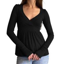 Top Threonde feminina de manga comprida Babydoll com decote em V, peplum, preta