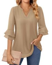 Top Uhiger cáqui de dupla camada com decote em V e manga 3/4 para mulheres