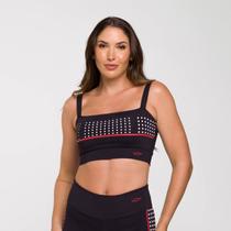 Top Upside Preto de Poliamida com Estampa em Poá e Decote Re