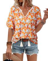 Top Vivilli, laranja, algodão, linho, floral boêmio para mulheres Top Vivilli, laranja, algodão, linho, floral boêmio para mulheres