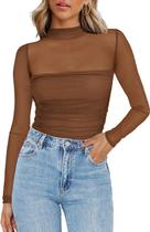 Top Zeagoo Sheer Mesh, manga comprida, simulada, gola de tartaruga, marrom