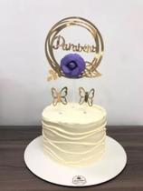 Topo Bolo Com Flor Topper Borboleta Folha Parabéns Prateado Cor Lilás