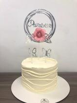 Topo Bolo Com Flor Topper Borboleta Folha Parabéns Prateado Cor Rosa Bebê