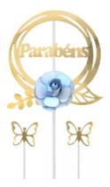Topo Bolo Com Flor Topper Borboleta Folha Parabéns Todas as Cores