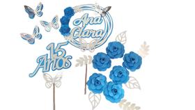 Topo de Bolo 15 anos Azul com Prata Flor pétalas