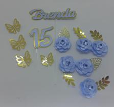 Topo de Bolo 15 anos flor azul com detalhes dourado