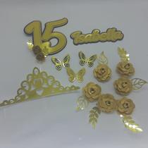Topo De Bolo 15 Anos Flores Dourado Personalizado Topo De Bolo 15 Anos Flores Dourado Personalizado