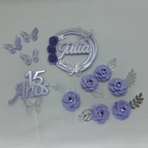 Topo de Bolo 15 anos Flores e Borboletas Lilás personalizado - miwl art