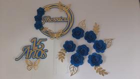 Topo de Bolo 15 anos Flores Espiral Azul e Dourado personalizado Topo de Bolo 15 anos Flores Espiral Azul e Dourado personalizado