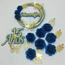 Topo de Bolo 15 anos Flores Espiral Azul personalizado Topo de Bolo 15 anos Flores Espiral Azul personalizado