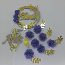 Topo de Bolo 15 anos Flores Espiral Lilás personalizado Topo de Bolo 15 anos Flores Espiral Lilás personalizado