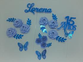 Topo De Bolo 15 Anos Flores Pétalas Azul Personalizado