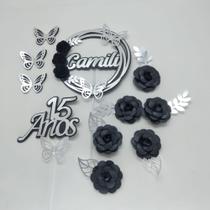 Topo de Bolo 15 anos Flores Prata e Preto personalizado Topo de Bolo 15 anos Flores Prata e Preto personalizado
