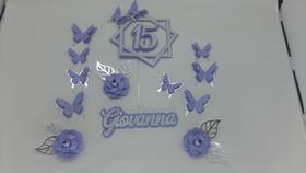 Topo de Bolo 15 anos Lilás e Prata 3 Flores e 10 Borboletas personalizado