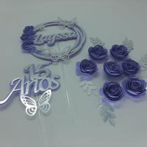 Topo de Bolo 15 anos Lilás Flores Espiral personalizado Topo de Bolo 15 anos Lilás Flores Espiral personalizado