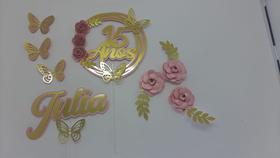 Topo de Bolo 15 anos Rose e Dourado 4 borboletas e 3 flores
