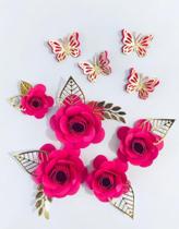 Topo de bolo 3d de luxo com borboletas e flores